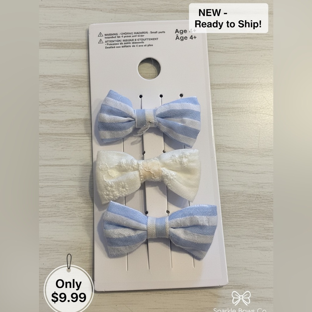 Blue and White Kids Hair Bow Set